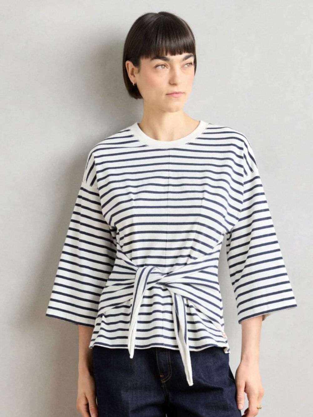 Scotch & Soda Cotton Navy Blue Striped Breton 3/4 Sleeve Crew Neck Sash Top, XS